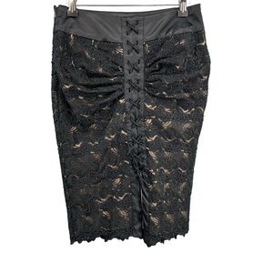 Bebe Skirt Black Lace Overlay Corset Lacing Ruched Back Romantic‎ Goth Size 6